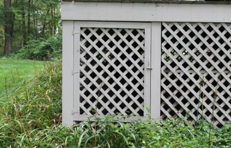White lattice fence panel beside tall grass and trees in a yard