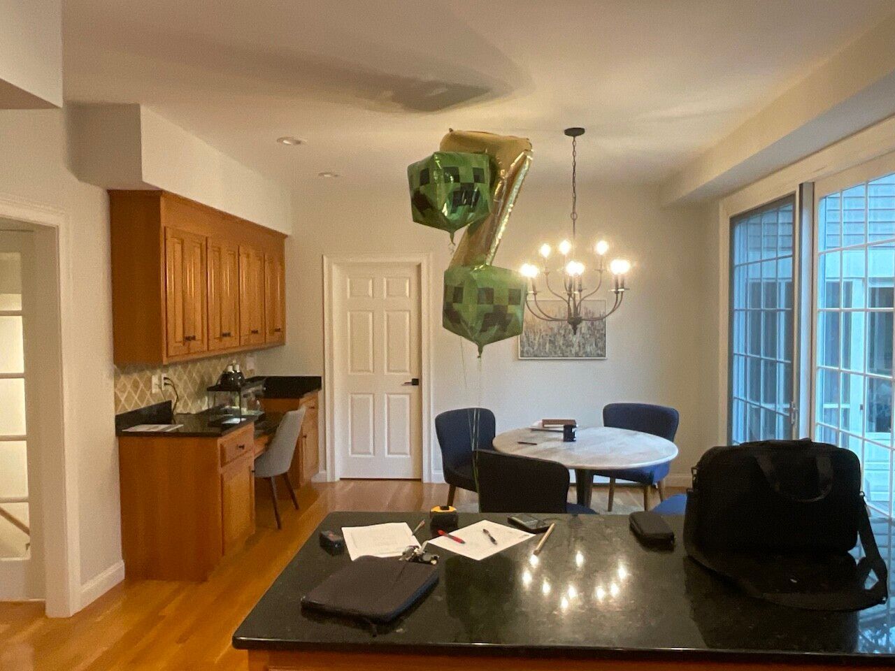 The dining area with the original built-in desk