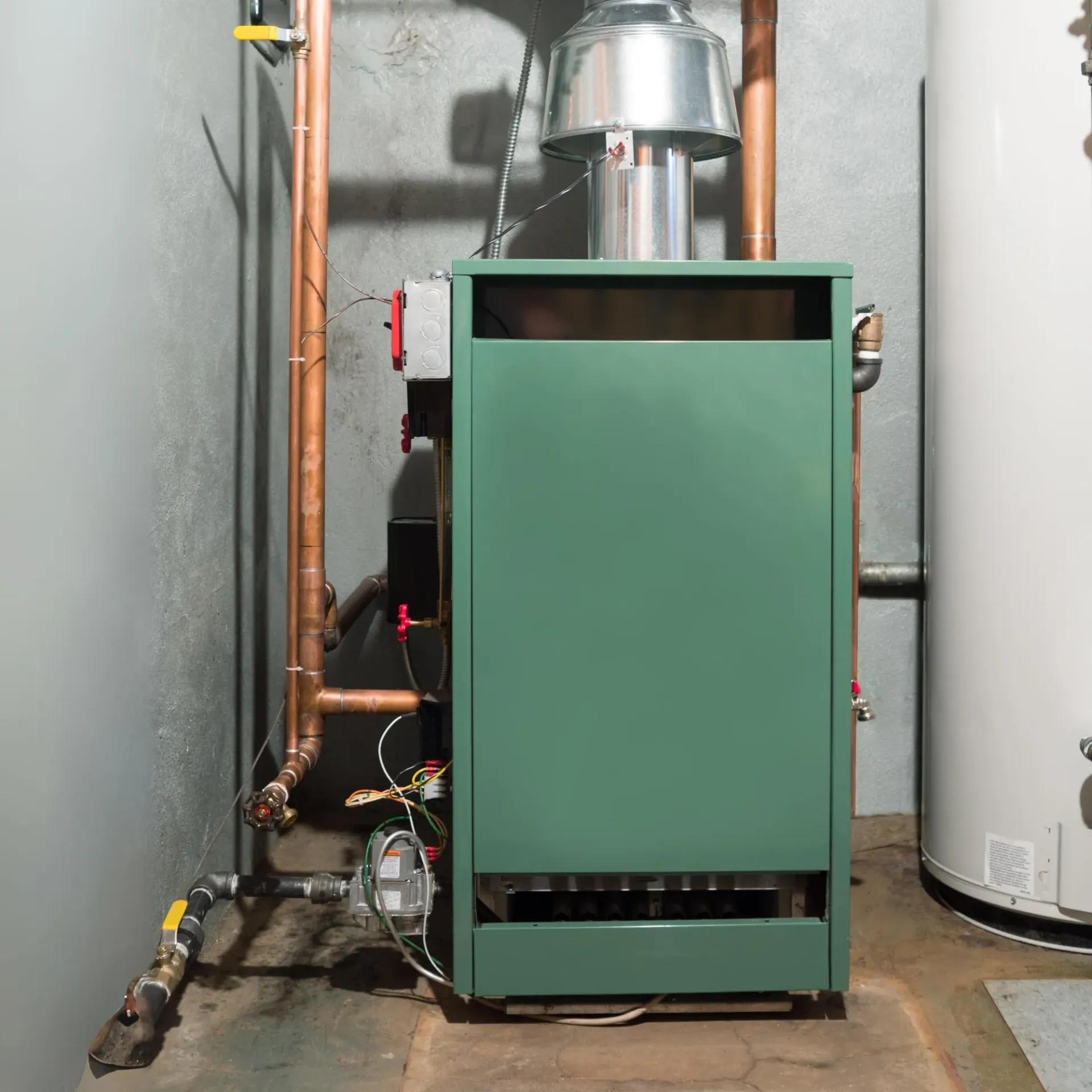 Aarden Air Service Heating & Air Conditioning- A green boiler is sitting next to a white water heater