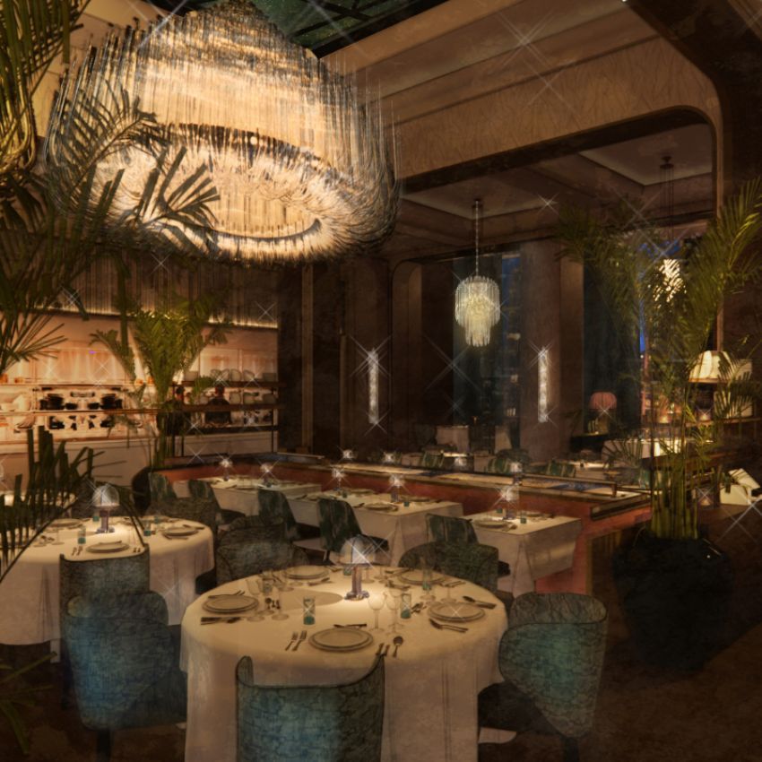 A restaurant with tables and chairs and a large chandelier hanging from the ceiling