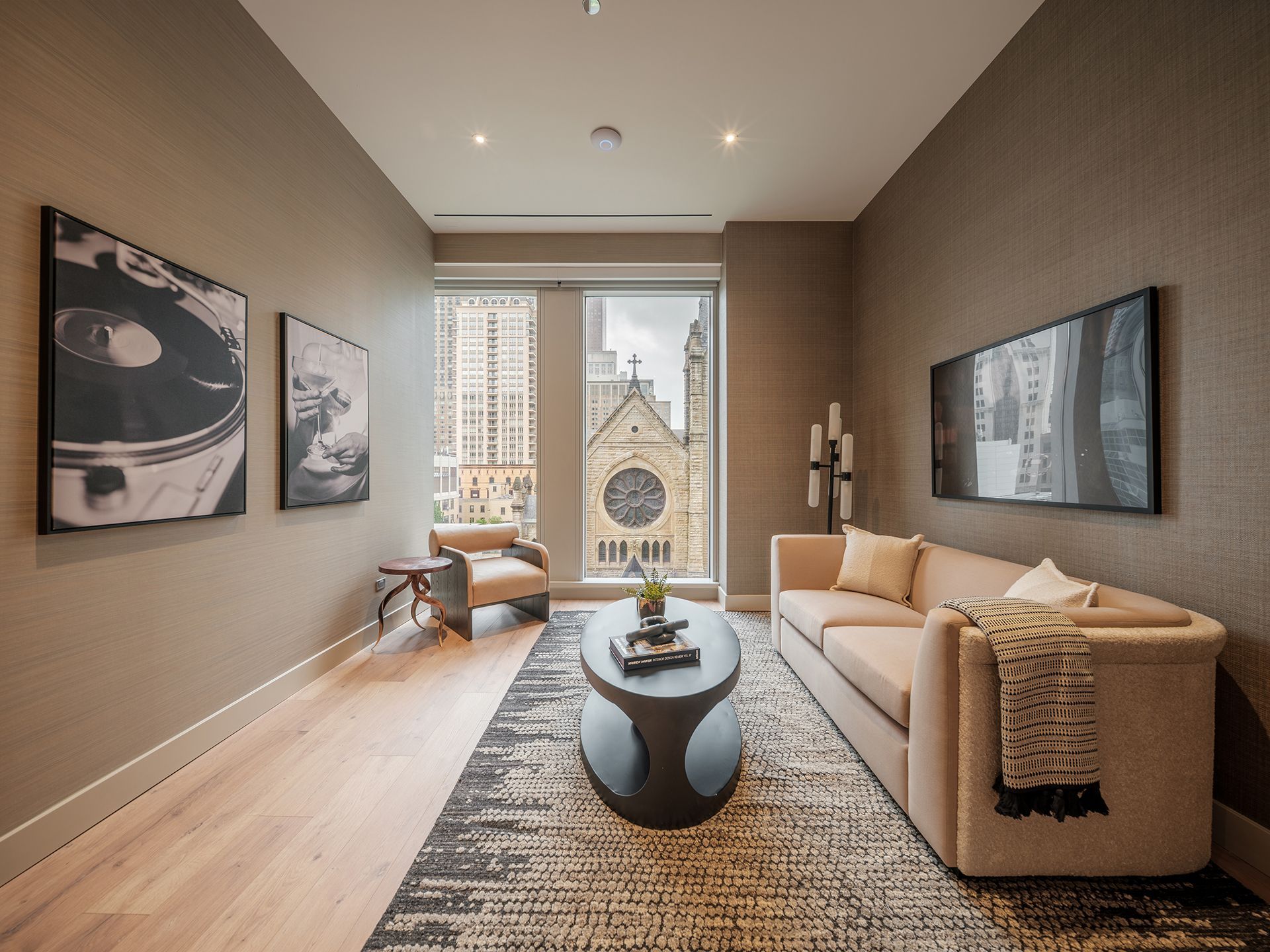 A living room with a couch and a coffee table