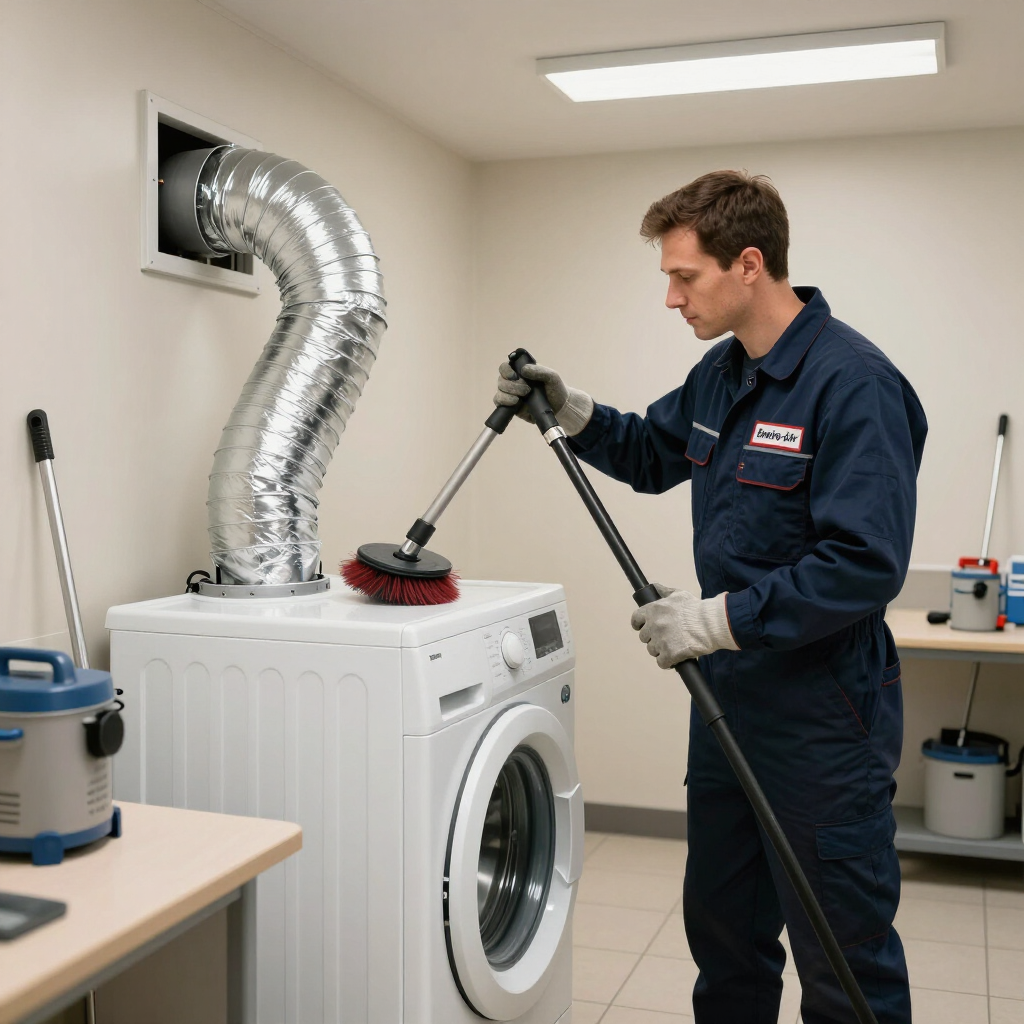 Technician cleaning a white washing machine with a red scrub brush in a utility room