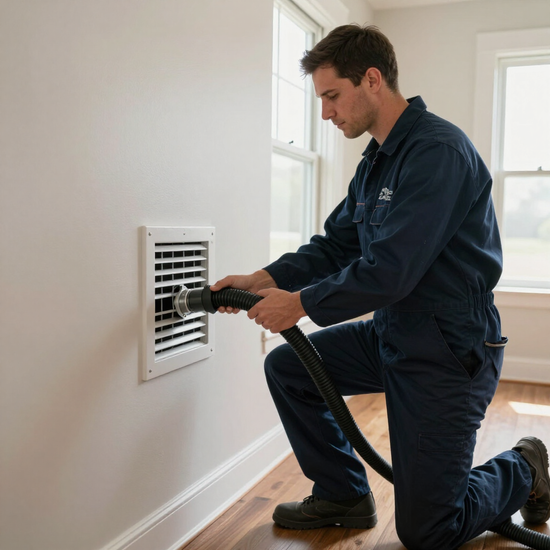 Technician kneeling to inspect a wall vent in a bright room, using a hose to clean or service it