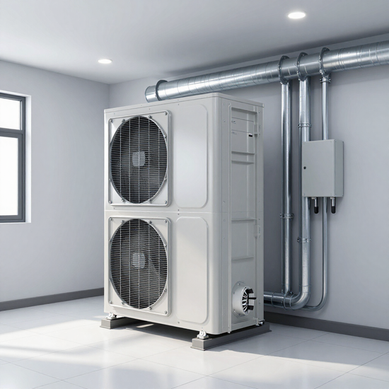 White HVAC heat pump unit with pipes in a clean indoor utility room
