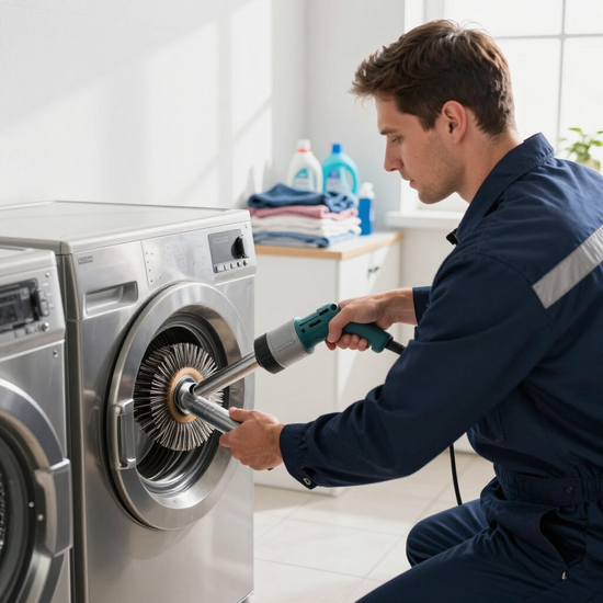 Technician using a drill to repair a front-loading washing machine in a bright laundry room