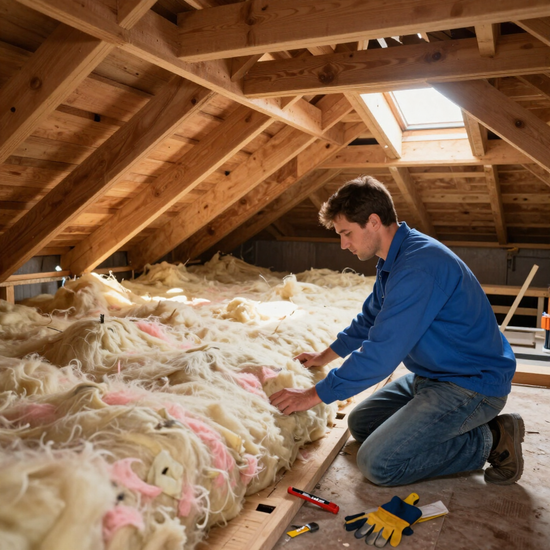 Person kneeling in an attic, inspecting pink-and-white insulation beside tools and exposed wooden rafters.