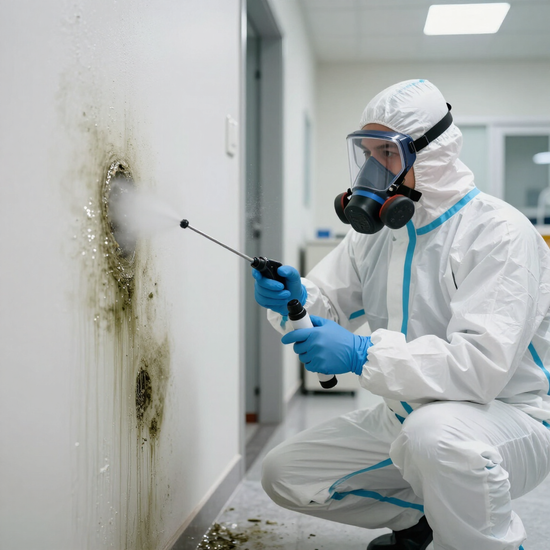 Technician in protective suit sprays disinfectant on a moldy wall in a hallway