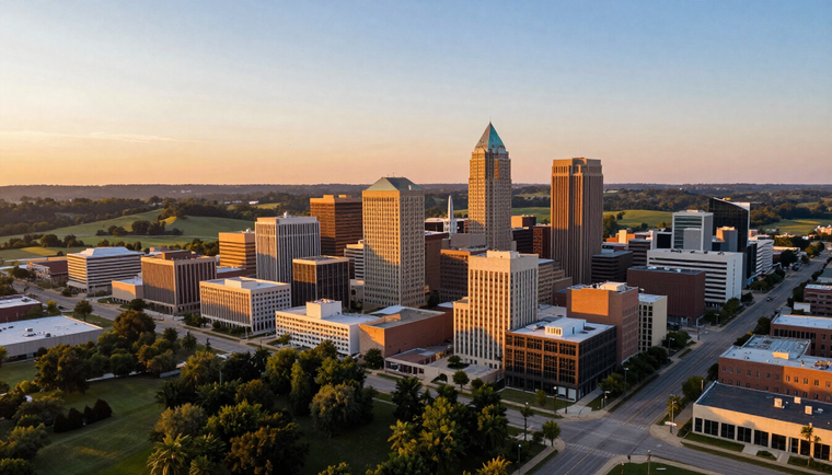 Sunset skyline of a modern downtown with glass office towers and low-rise buildings