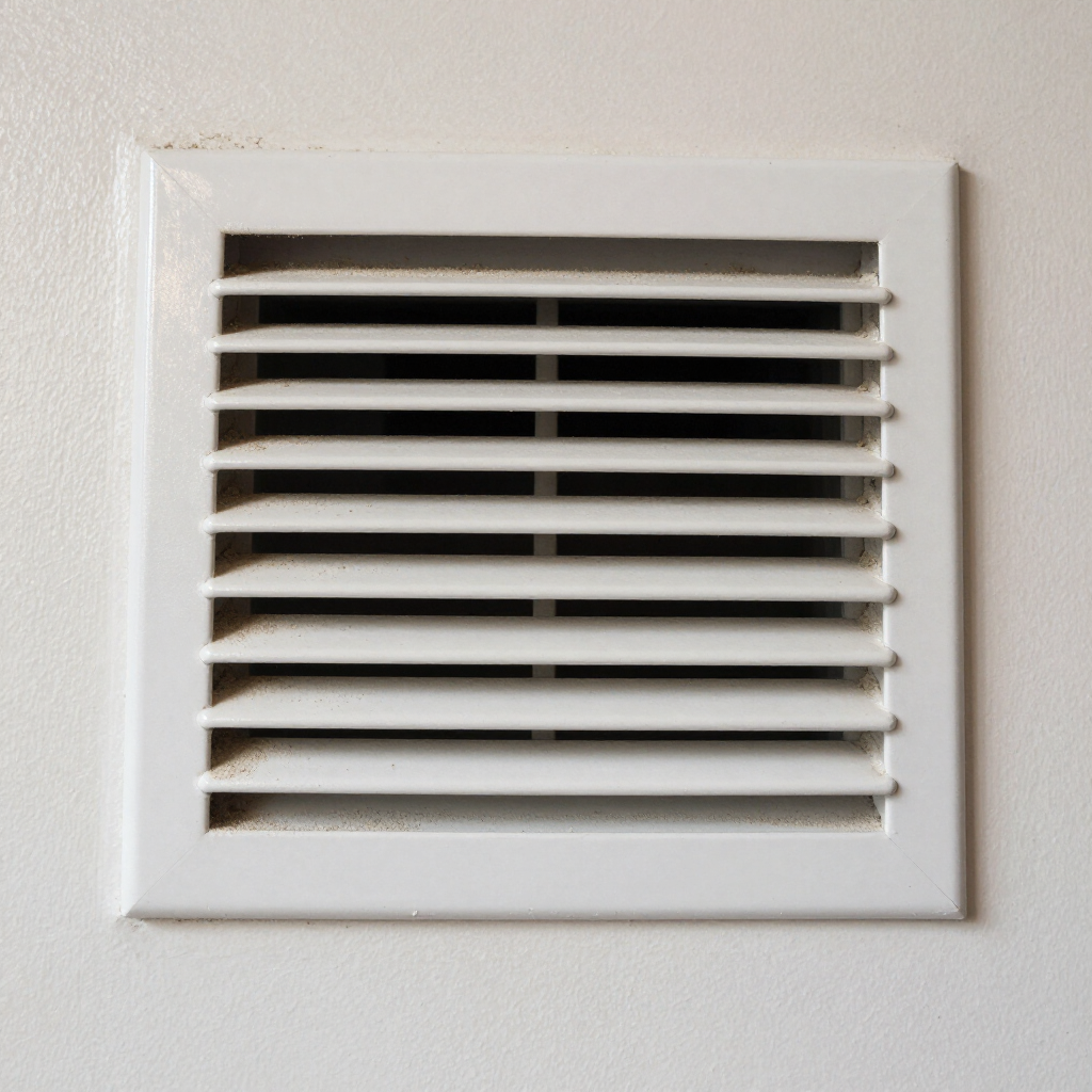 White wall vent grille with horizontal slats on a light beige wall.