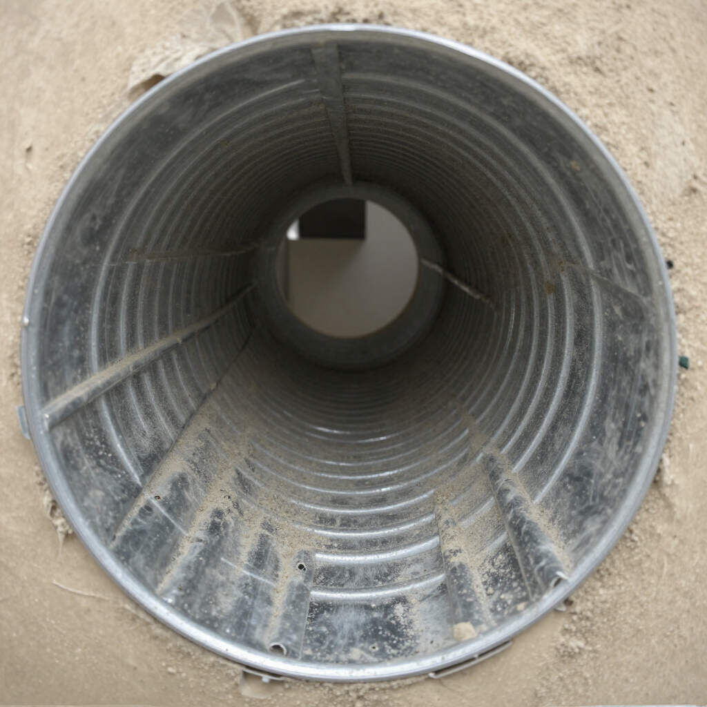 Looking through a corrugated metal pipe opening set in dirt ground