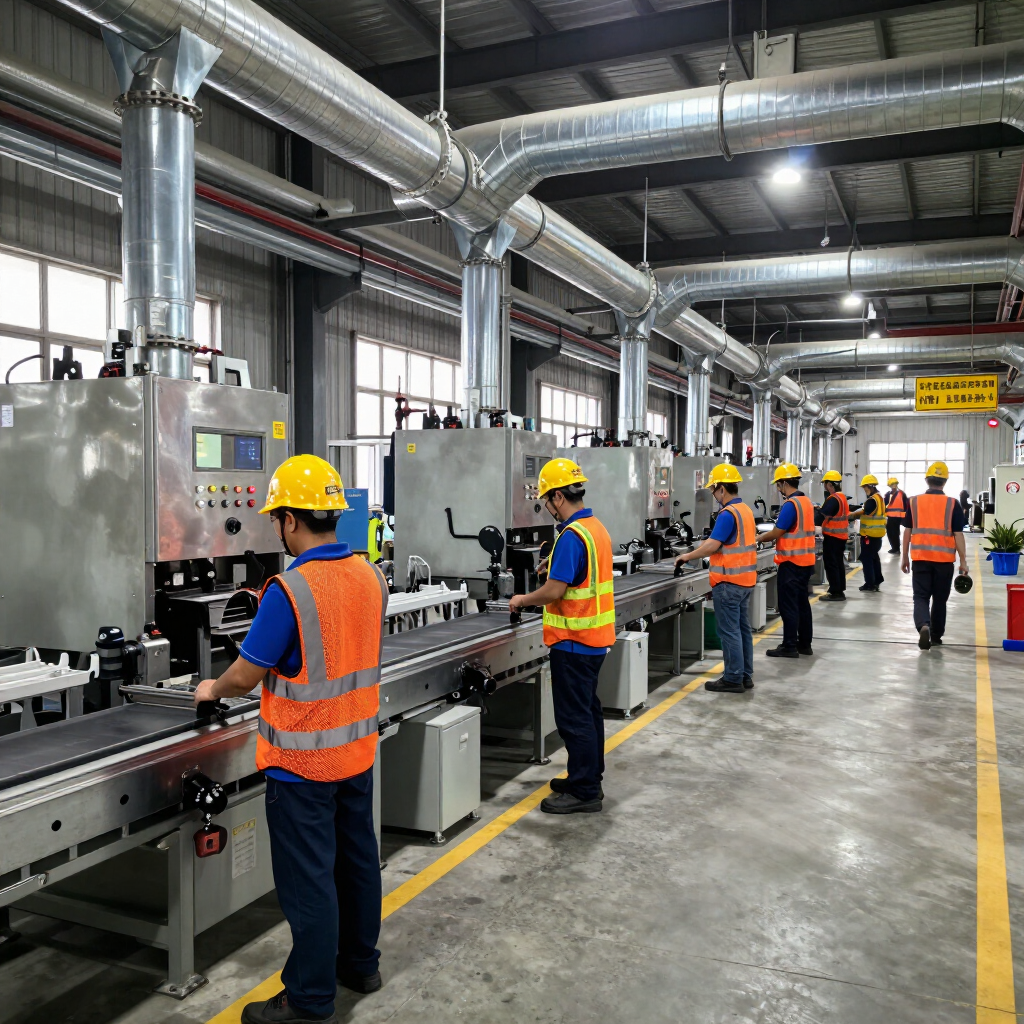 Workers in orange vests and hard hats operate machinery in a factory production line.