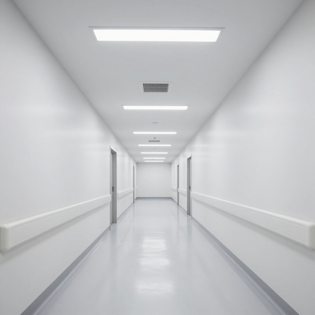 Empty white hospital corridor with bright ceiling lights and handrails along both walls