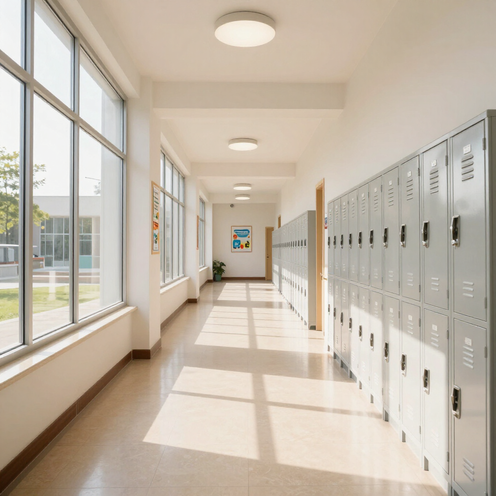Bright school hallway with windows on the left and gray lockers on the right, lit by sunlight.