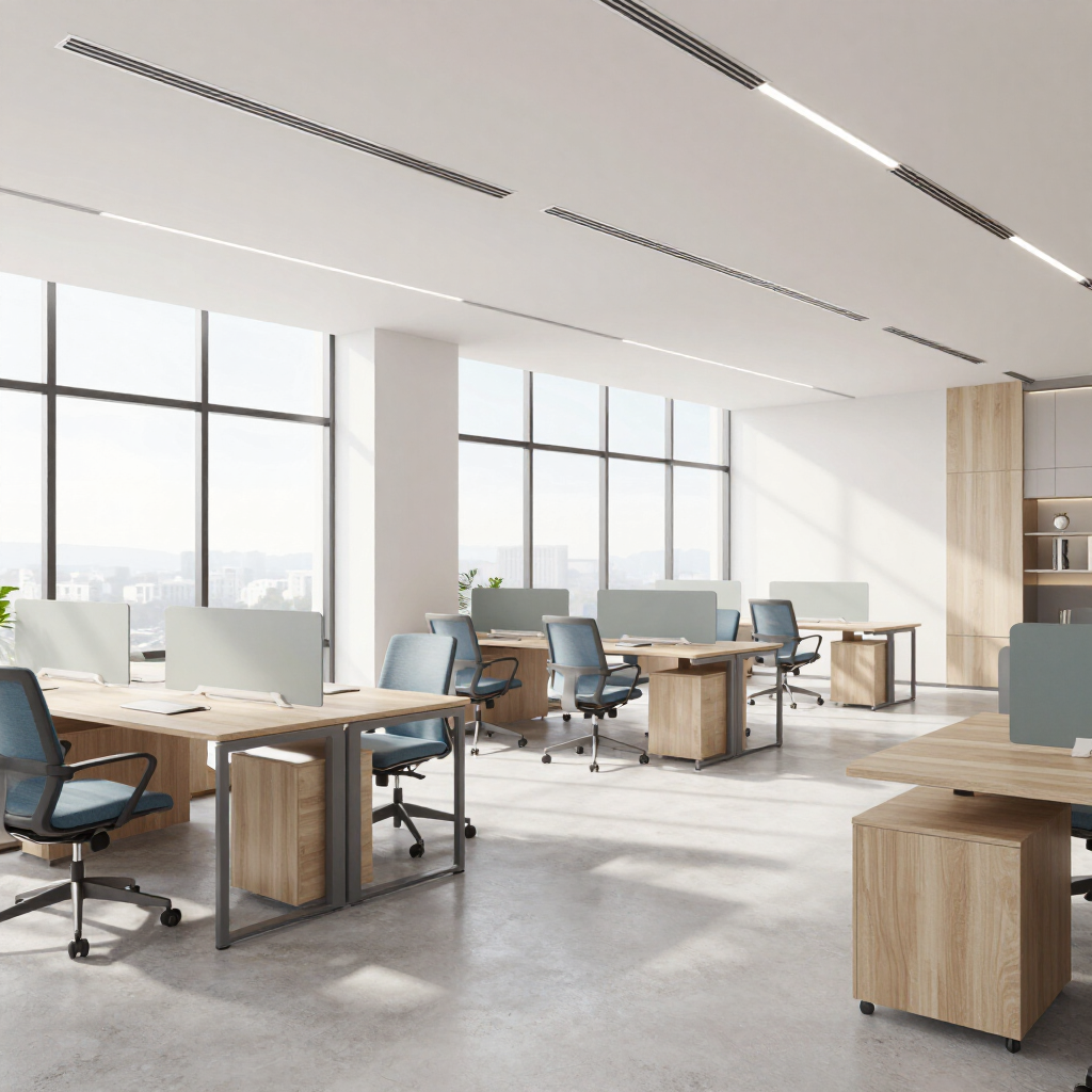 Modern open-plan office with desks, computers, blue chairs, and large windows letting in bright daylight
