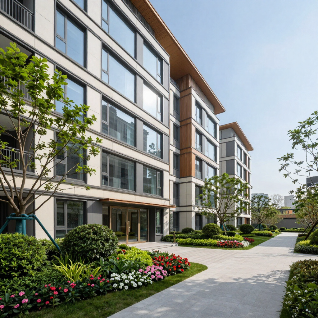 Modern apartment buildings with landscaped gardens and a paved walkway on a sunny day