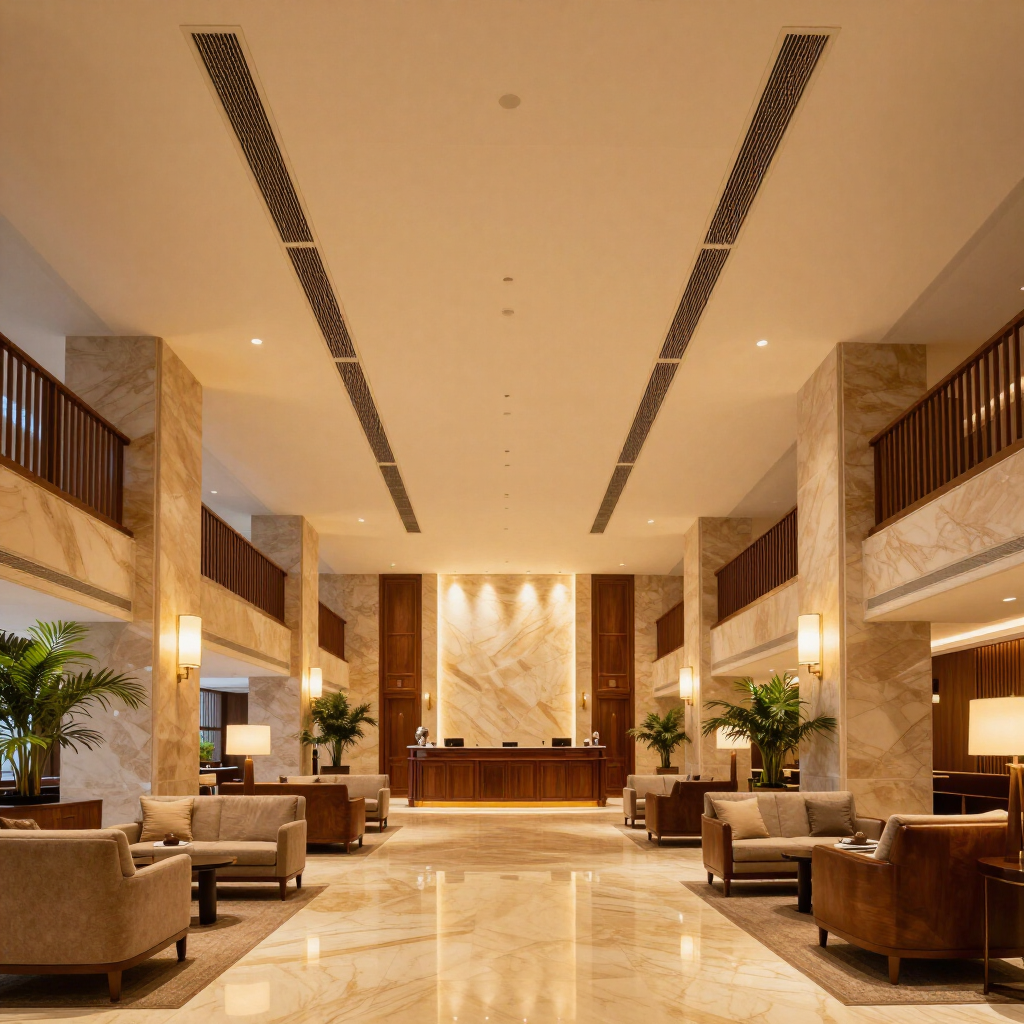 Elegant hotel lobby with marble floors, warm lighting, sofas, and a central reception desk