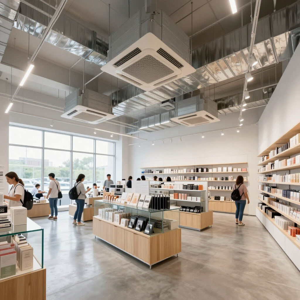 Bright modern retail store with shelves, display tables, and customers browsing inside.