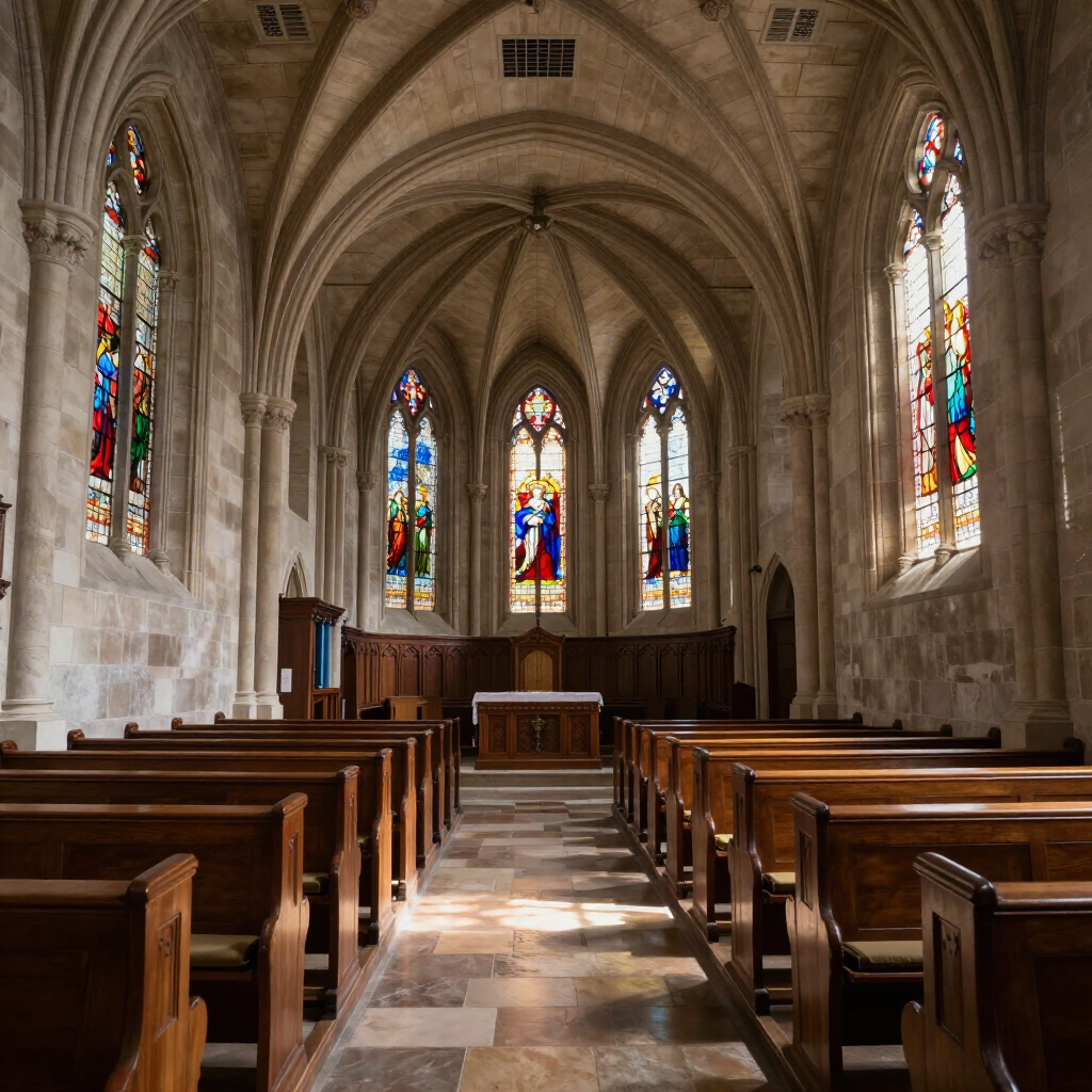 Stone church interior with wooden pews, arched ceiling, and stained-glass windows