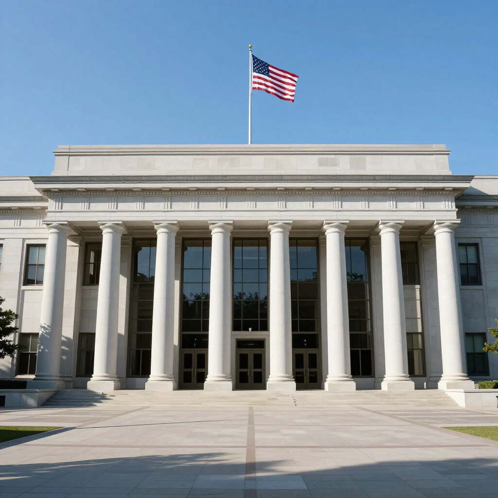 Federal-style government building with white columns and an American flag flying above the entrance
