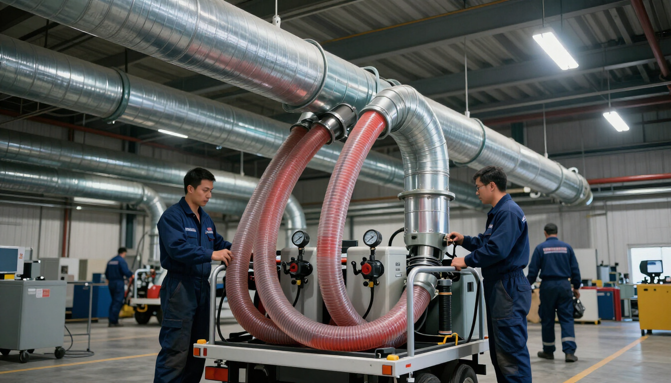 Technicians working on large industrial ducting in a factory workshop with flexible red hoses