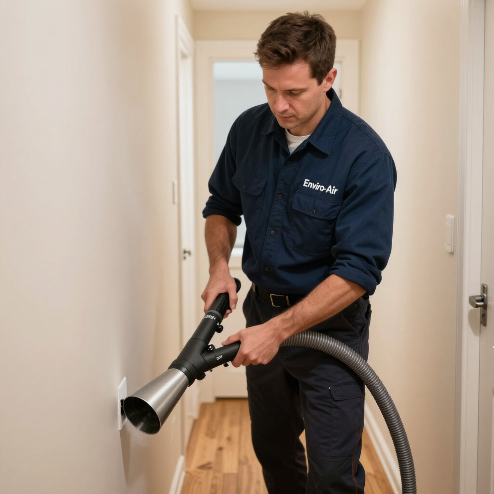 Technician using a vacuum hose to clean a hallway floor in a home