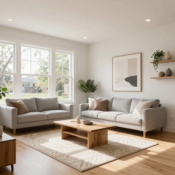 Bright living room with two gray sofas, wooden coffee table, rug, and large sunlit windows