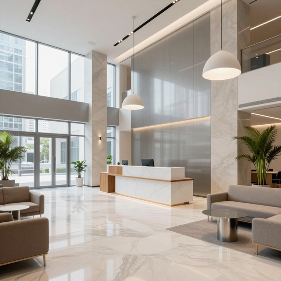 Modern hotel lobby with marble floors, white reception desk, large windows, and beige seating area