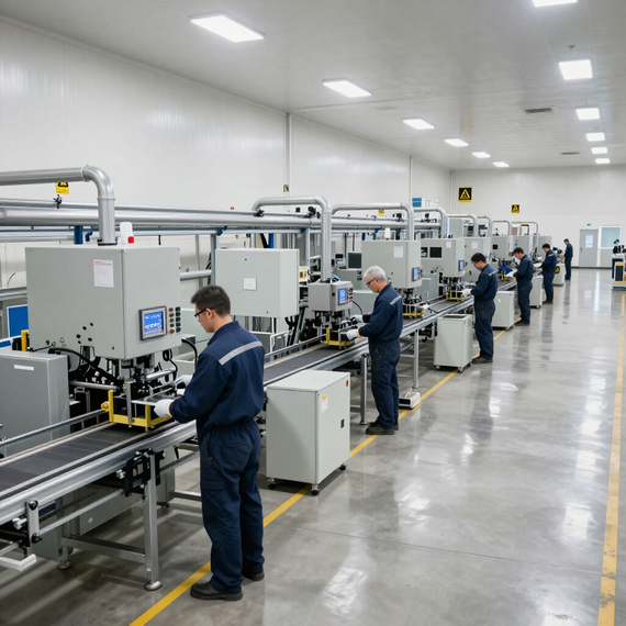 Workers operate machinery on a clean factory production line with white equipment and monitors.