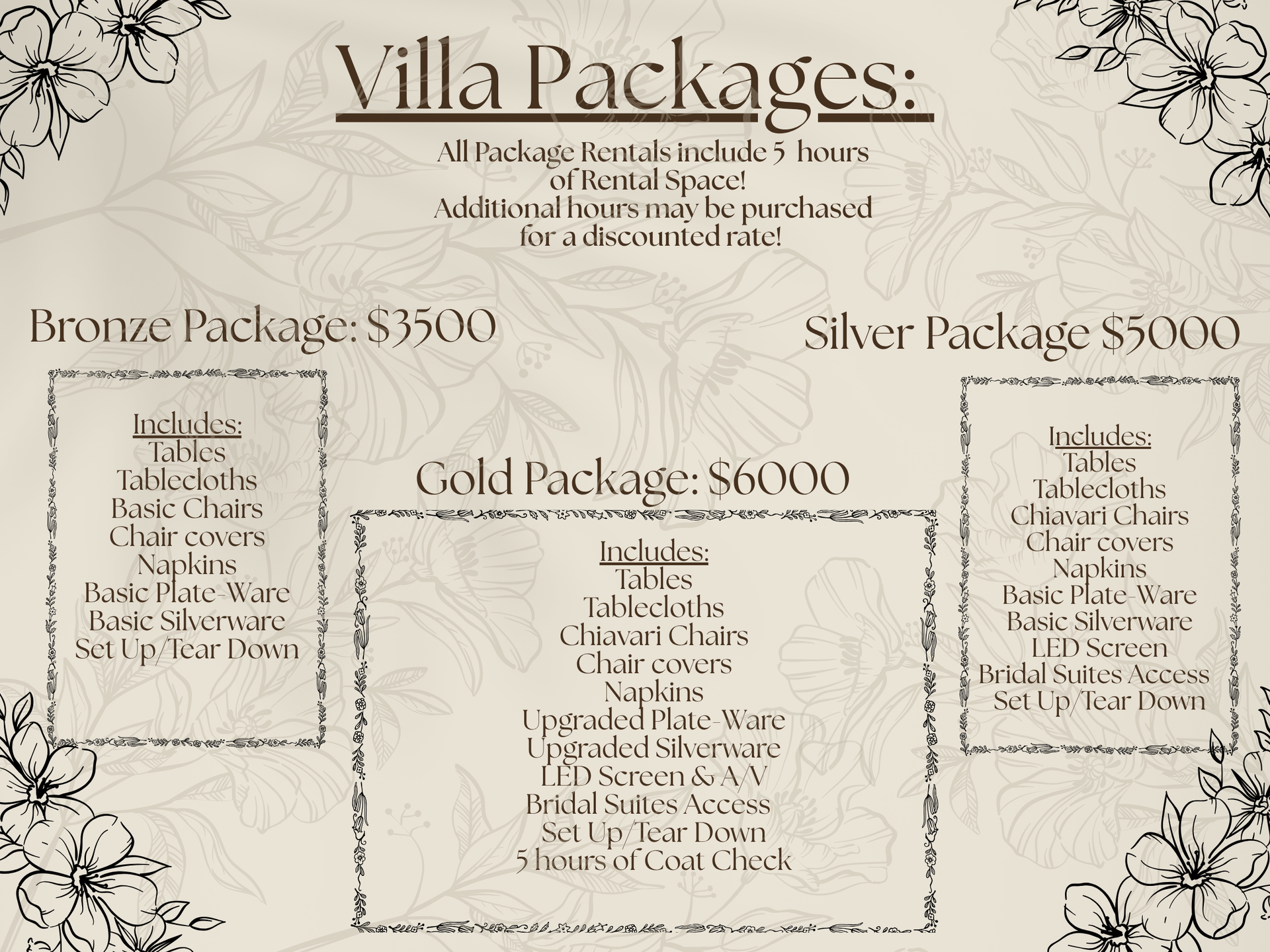 Pricing flyer for Villa Packages with bronze, gold, and silver package options on a floral beige background
