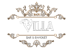 Ornate gold-and-white logo reading &ldquo;VILLA BAR & BANQUET&rdquo; with decorative flourishes