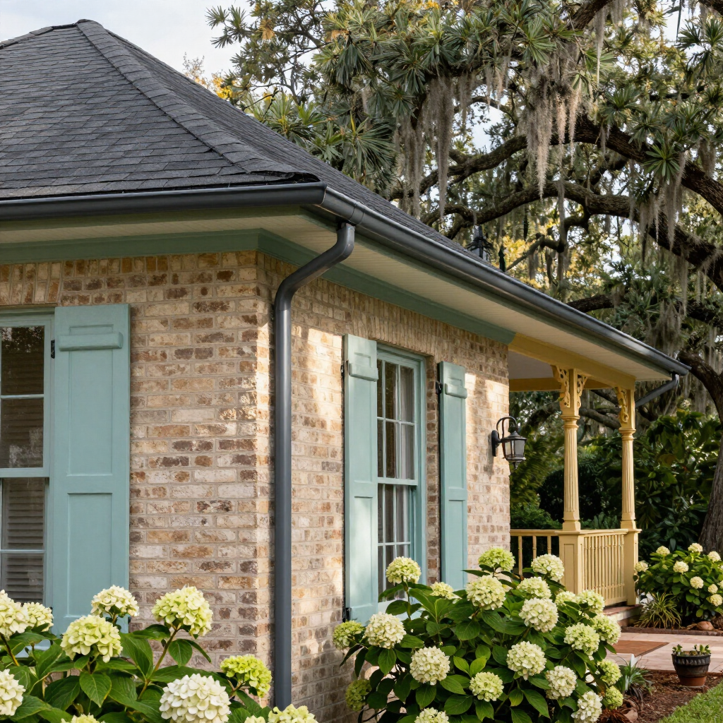 Brick cottage with pale blue shutters, dark roof, and hydrangeas in the garden under oak trees.
