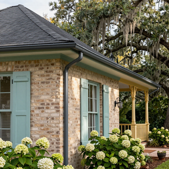 Brick house with mint shutters and porch, surrounded by hydrangeas and trees.