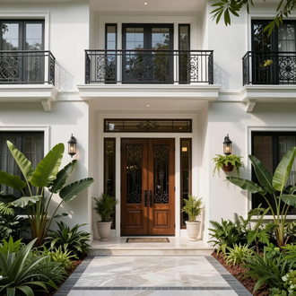 Elegant white townhouse entrance with wooden double doors, black balconies, and lush tropical plants.