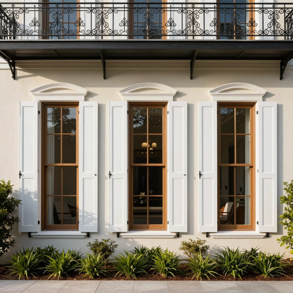 White house facade with three shuttered windows and a balcony above, bordered by small shrubs.