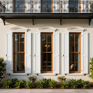 White shuttered windows and wrought-iron balcony on a cream stucco building façade