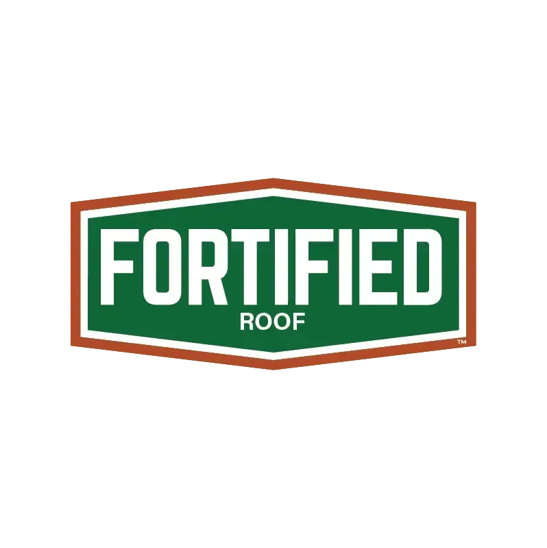 Fortified Roof logo with green shield and white text outlined in rust red