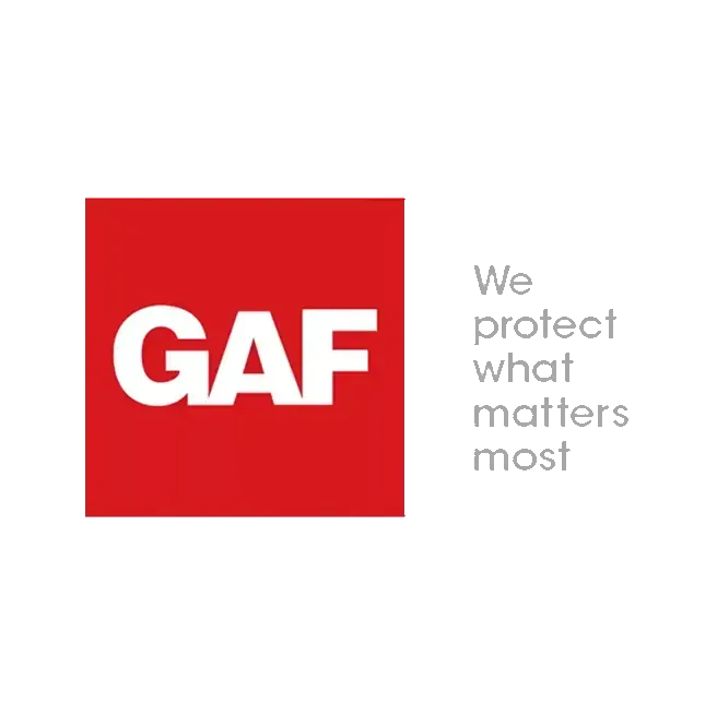GAF logo: red square with white letters and gray slogan “We protect what matters most”