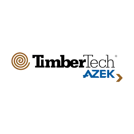 TimberTech AZEK logo with brown spiral icon, black and blue text, and gold chevron on white background
