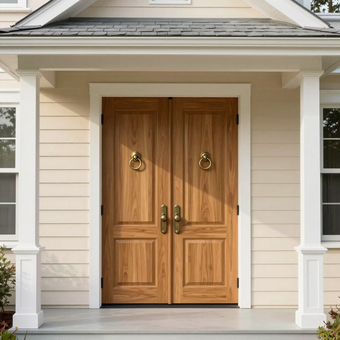 Front entrance with double wooden doors, brass knockers, and white columns on a beige house facade