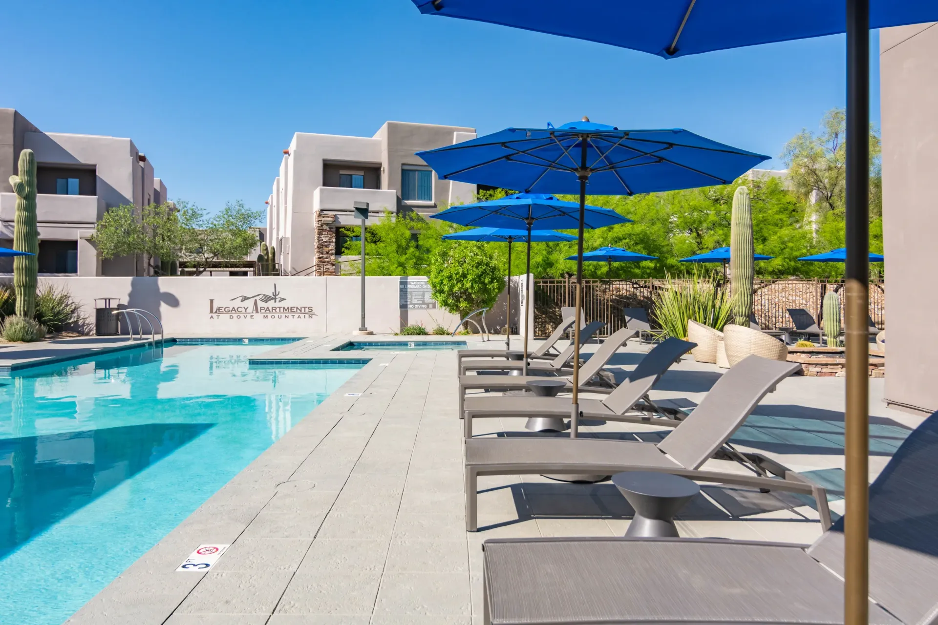 Outdoor swimming pool with lounge chairs and umbrellas at Legacy Apartments.
