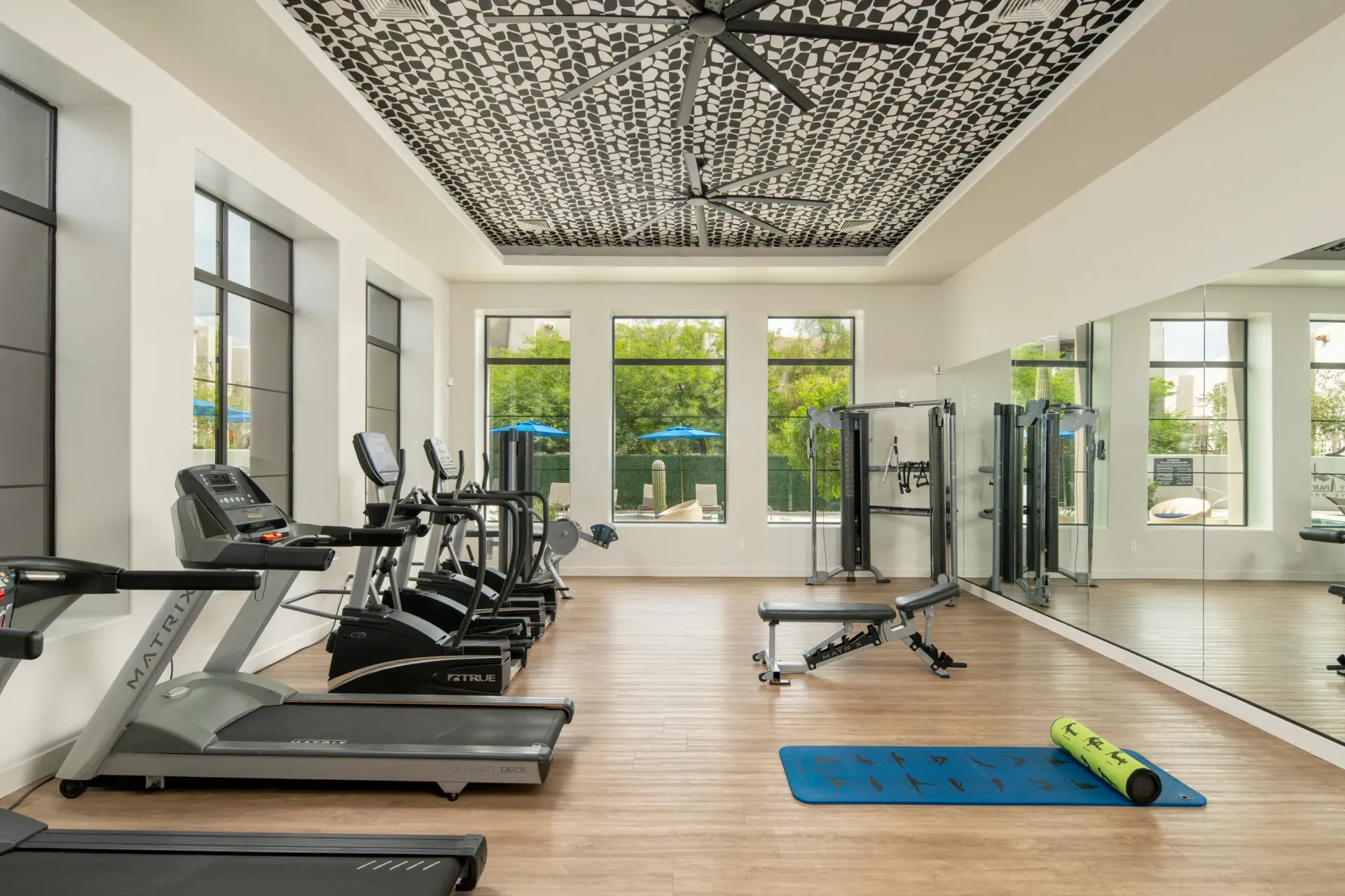 Modern gym with treadmills, elliptical machines, weight machines, and a yoga mat.