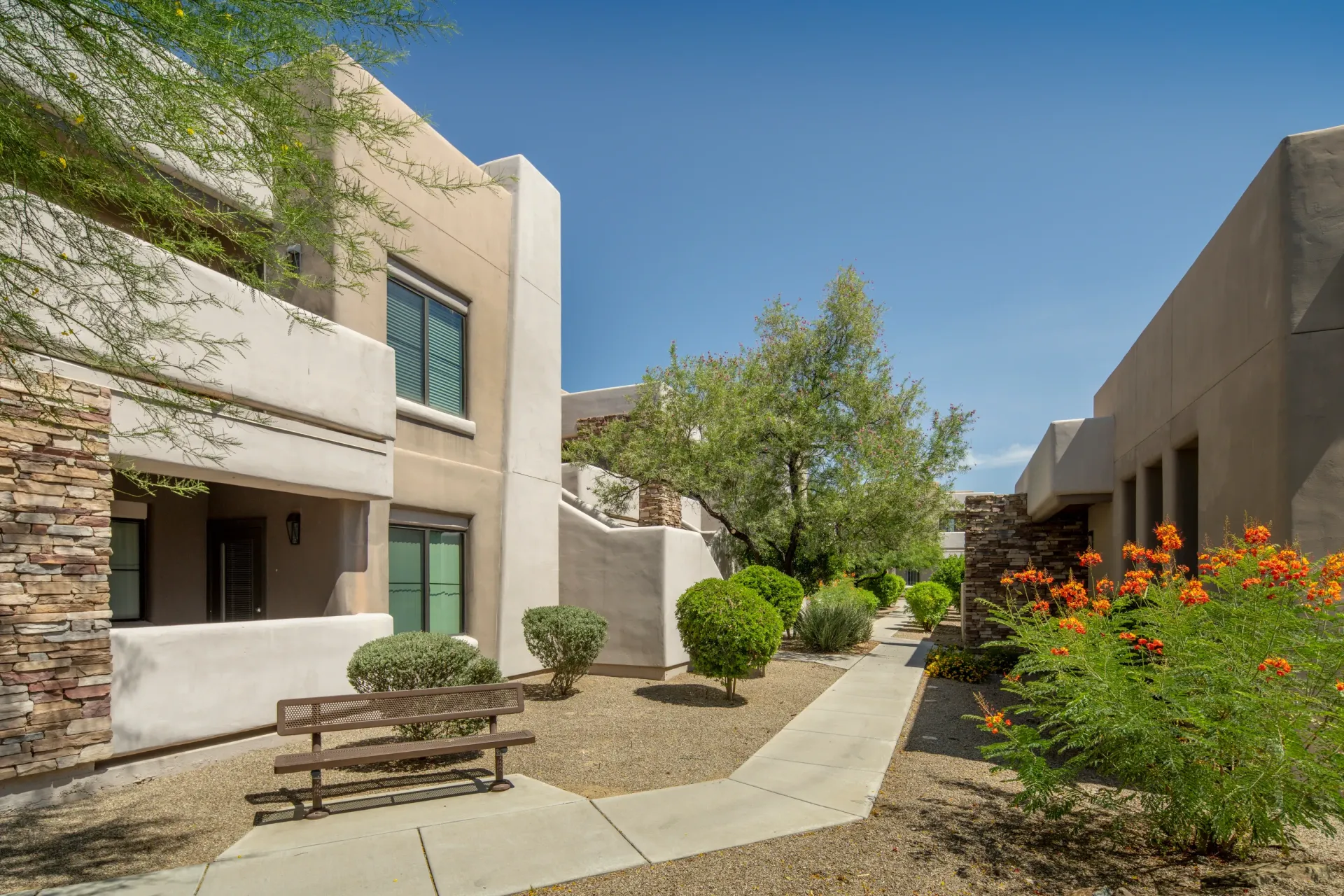 Courtyard with a pathway, bench, and desert landscaping.