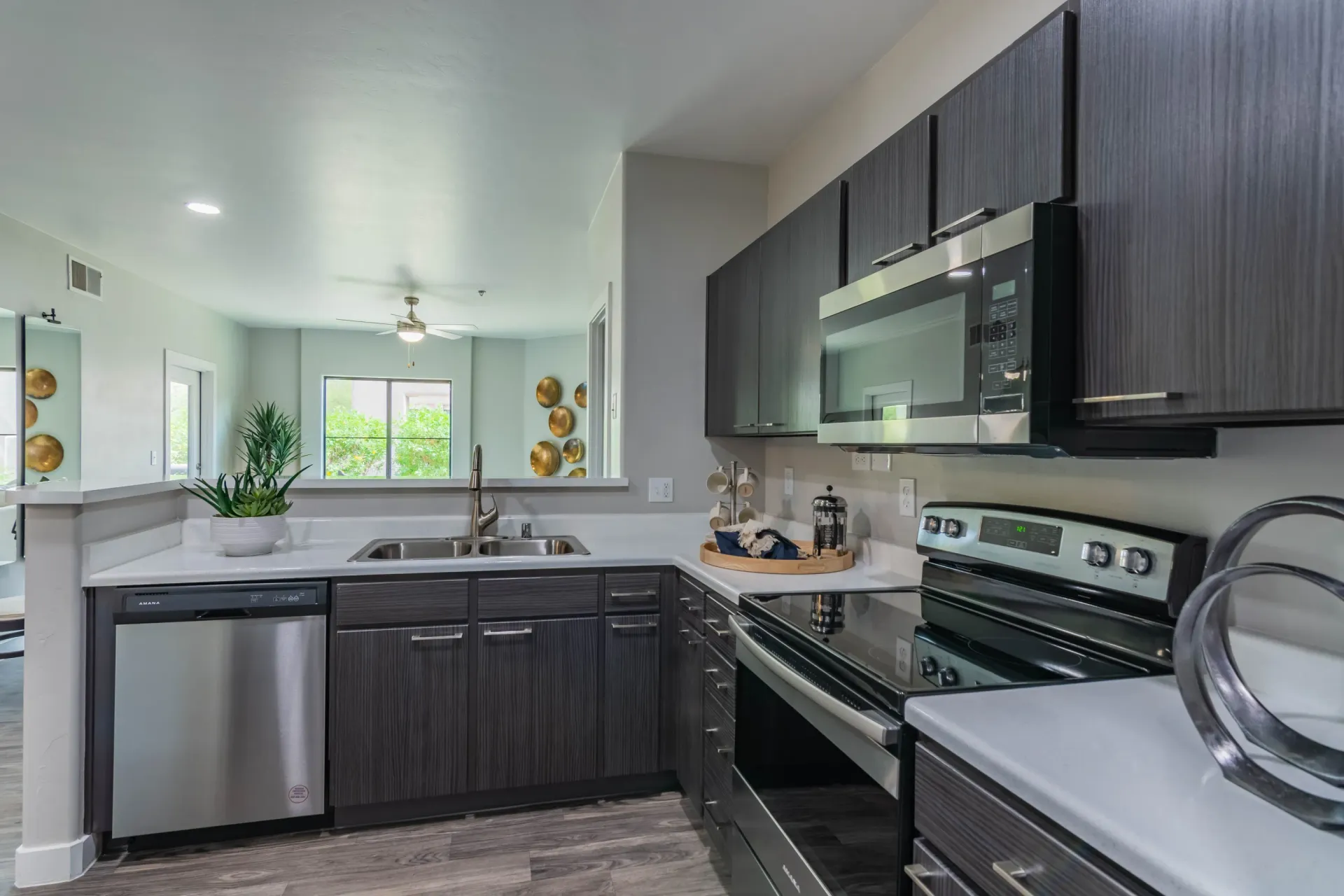 Modern apartment kitchen with dark cabinetry, stainless steel appliances, and view of living area.