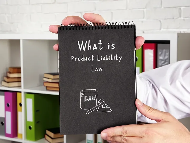 A person is holding a notebook that says what is product liability law