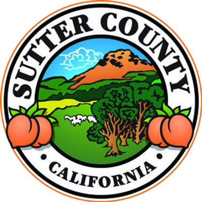 The seal of sutter county california with a mountain in the background
