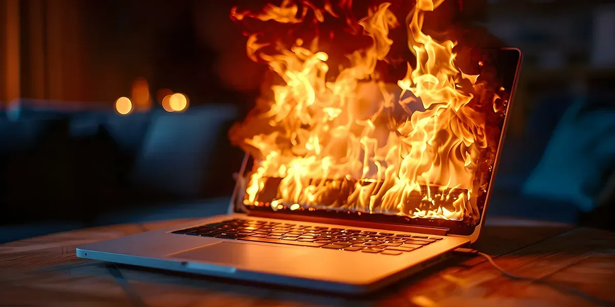 A laptop computer engulfed in flames