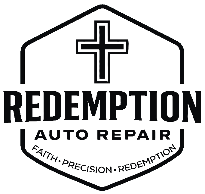 Redemption Auto Repair logo with cross and slogan “Faith. Precision. Redemption.”