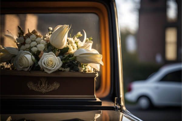White flowers in a casket inside a hearse, with a blurred car passing outside.