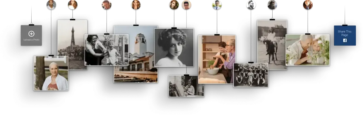 Photo collage hanging on a white wall with clips and twine, showing people, travel, and city scenes