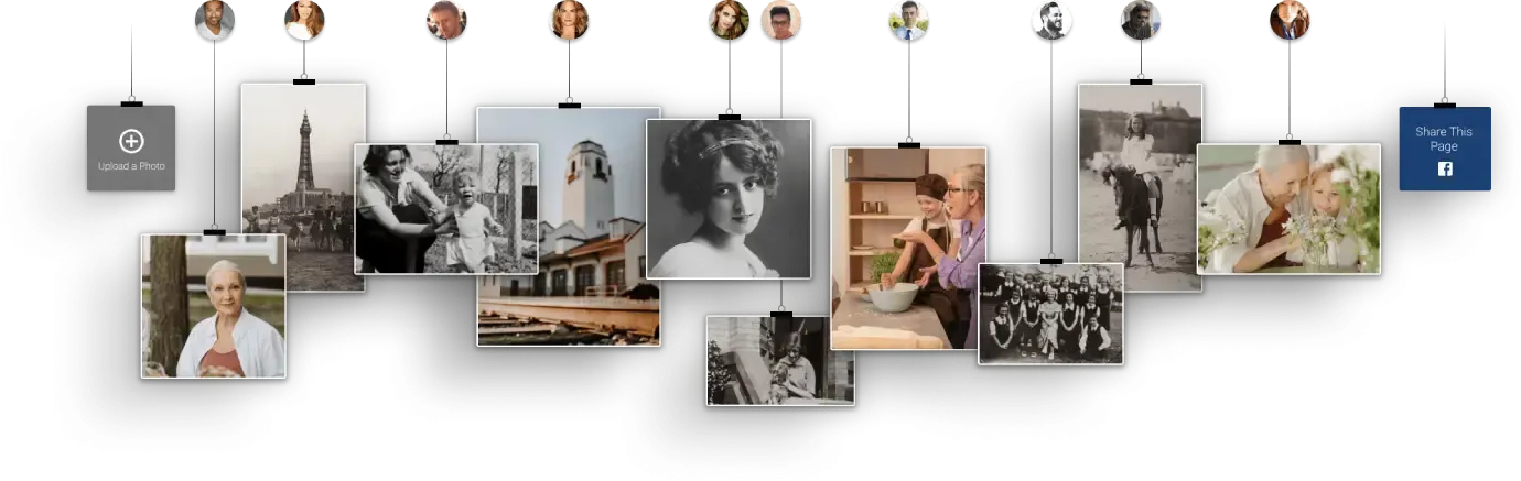 Photo collage hanging on a white wall with clips and twine, showing people, travel, and city scenes